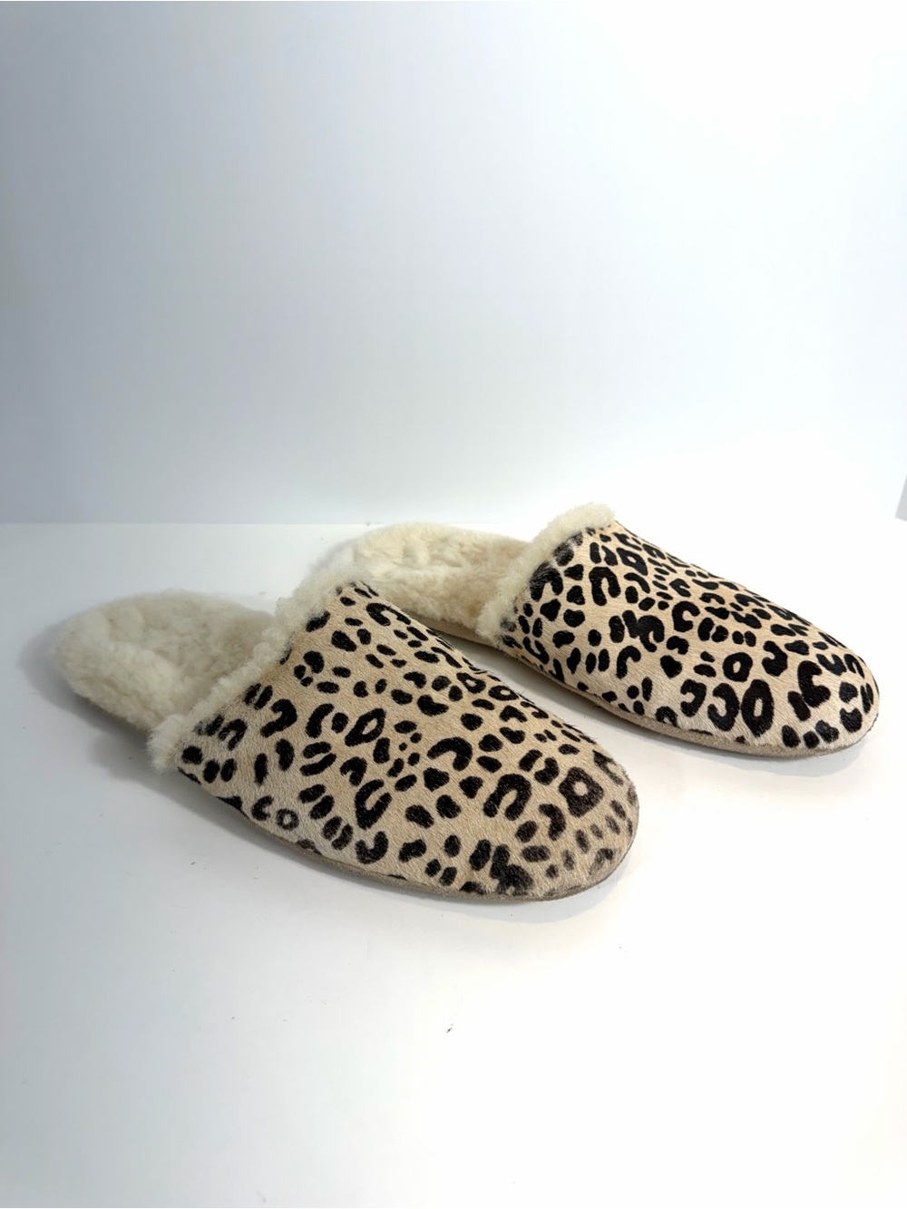 FREDA SALVADOR Leopard Calf Hair Shearling Slippers Mules XL